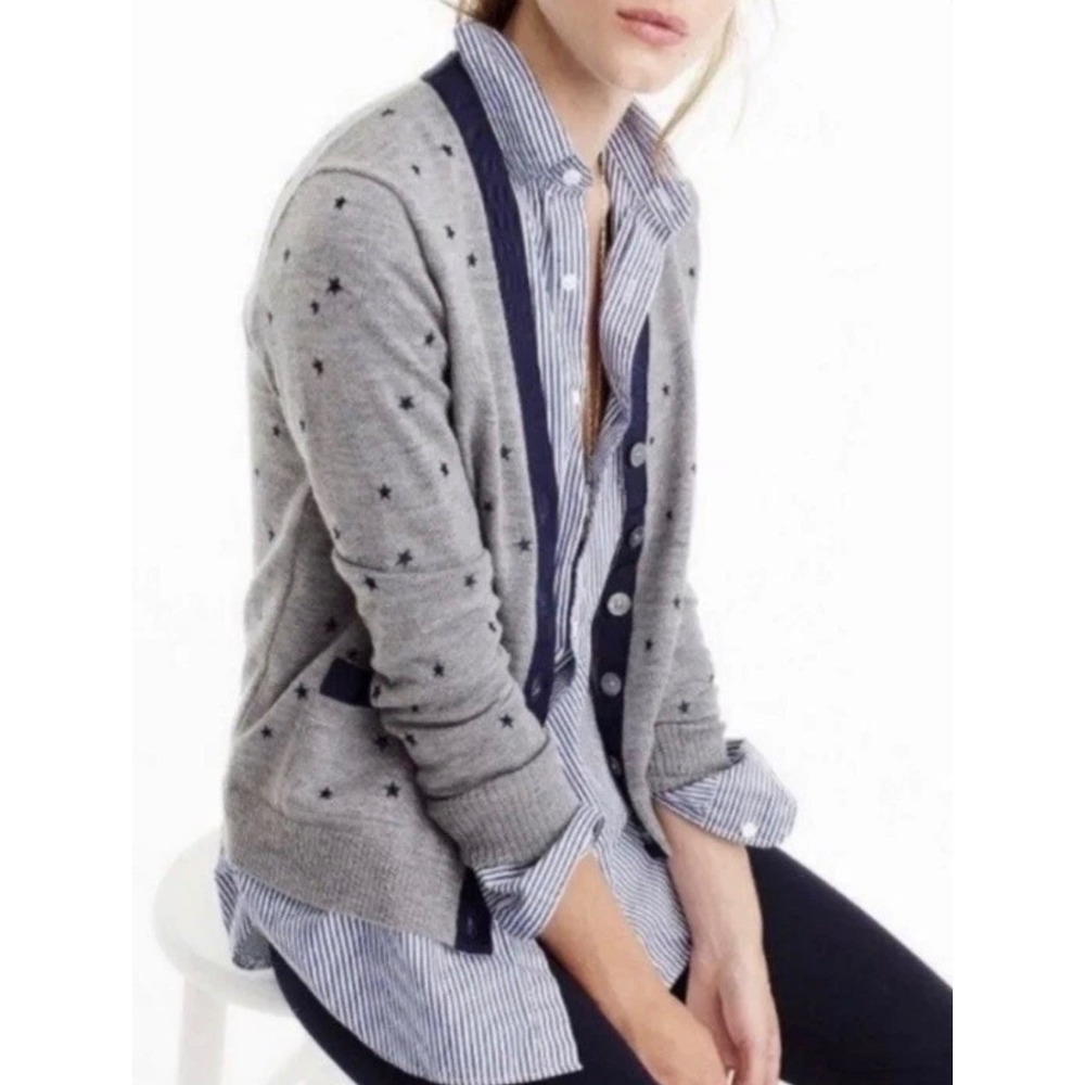 J. Crew Women Merino Wool Cardigan Sweater‎ XS Gray Star Embroidered Preppy